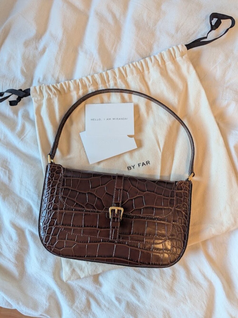 By Far Brown Embossed Leather Croc Miranda Shoulder Bag
